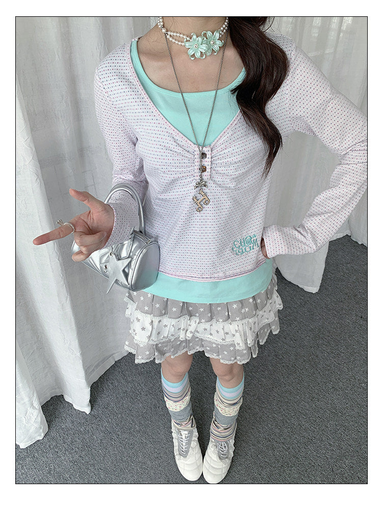 Mint Dot Ruched Faux-Layer Long-Sleeve Top