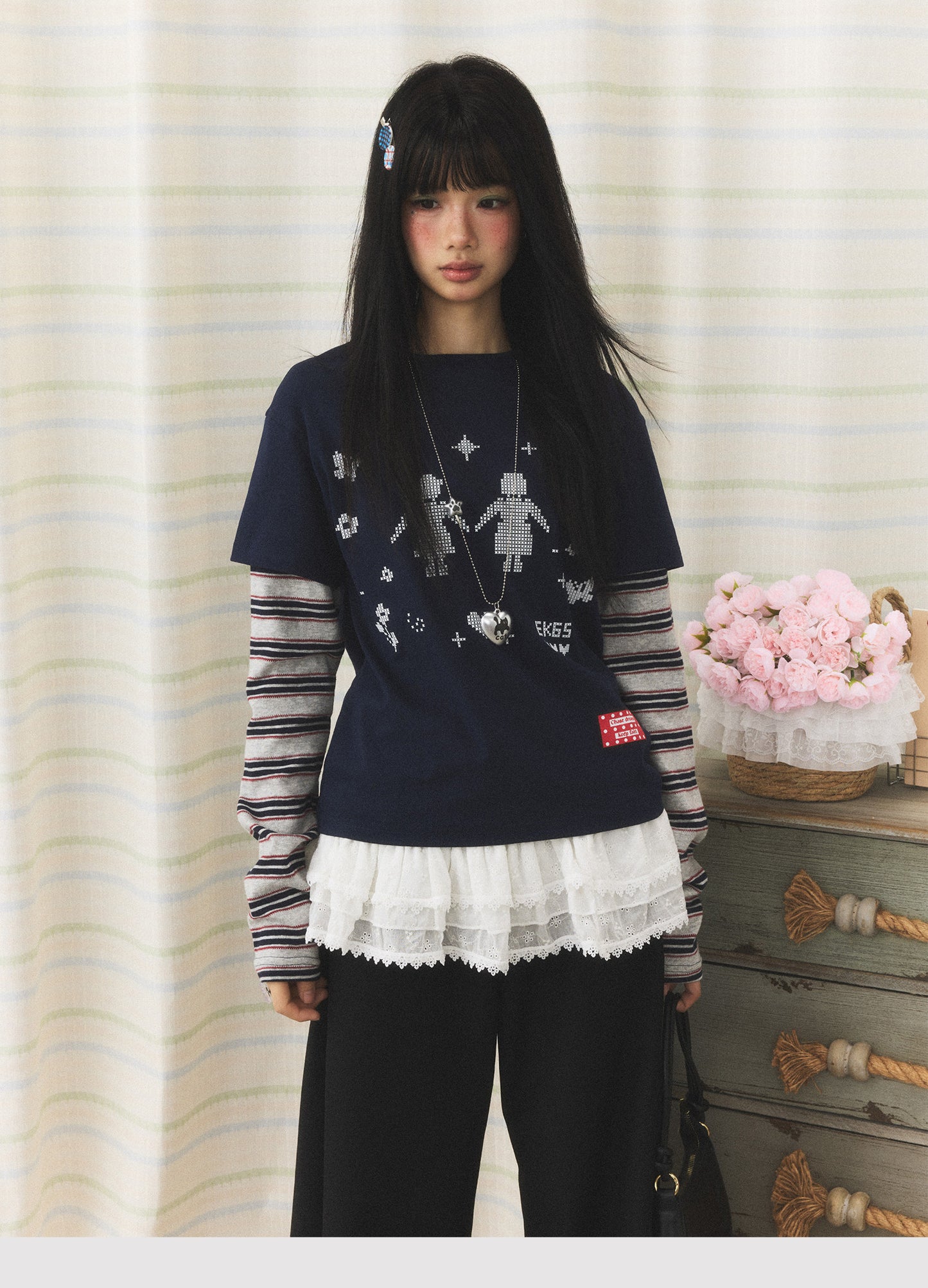 Navy Pixel Girl Stripe Faux-Layer Long-Sleeve Tee