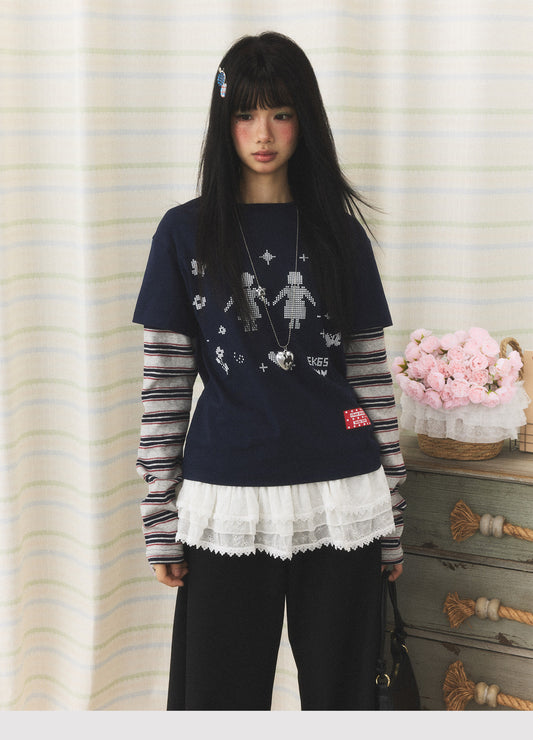 Navy Pixel Girl Stripe Faux-Layer Long-Sleeve Tee