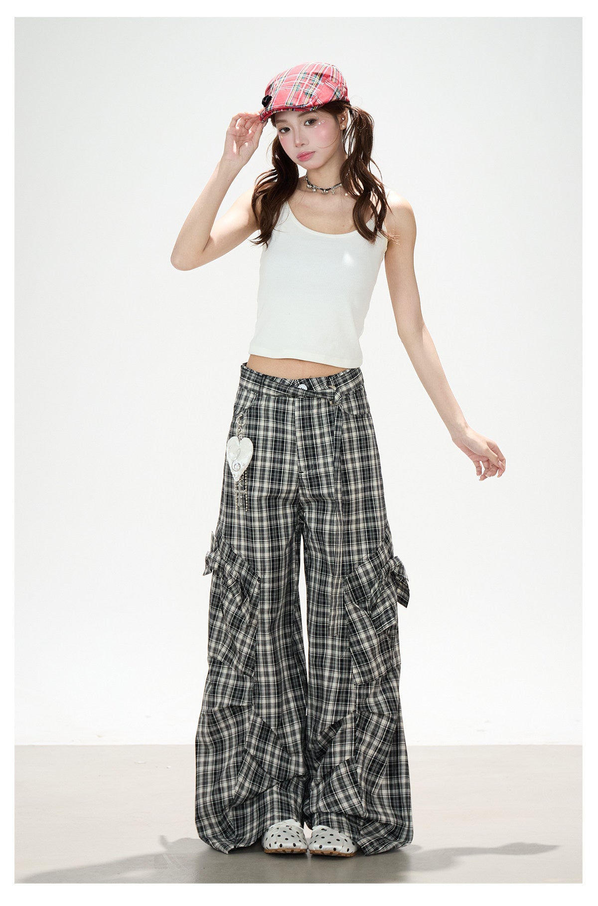 Bow Plaid Cargo Wide Leg Pants