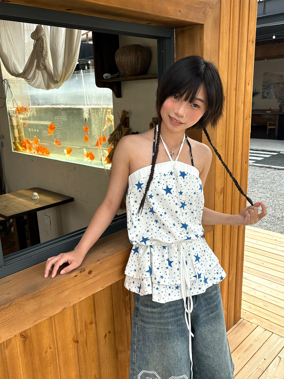 Blue Star Halter Ruffle-Hem Cami Top