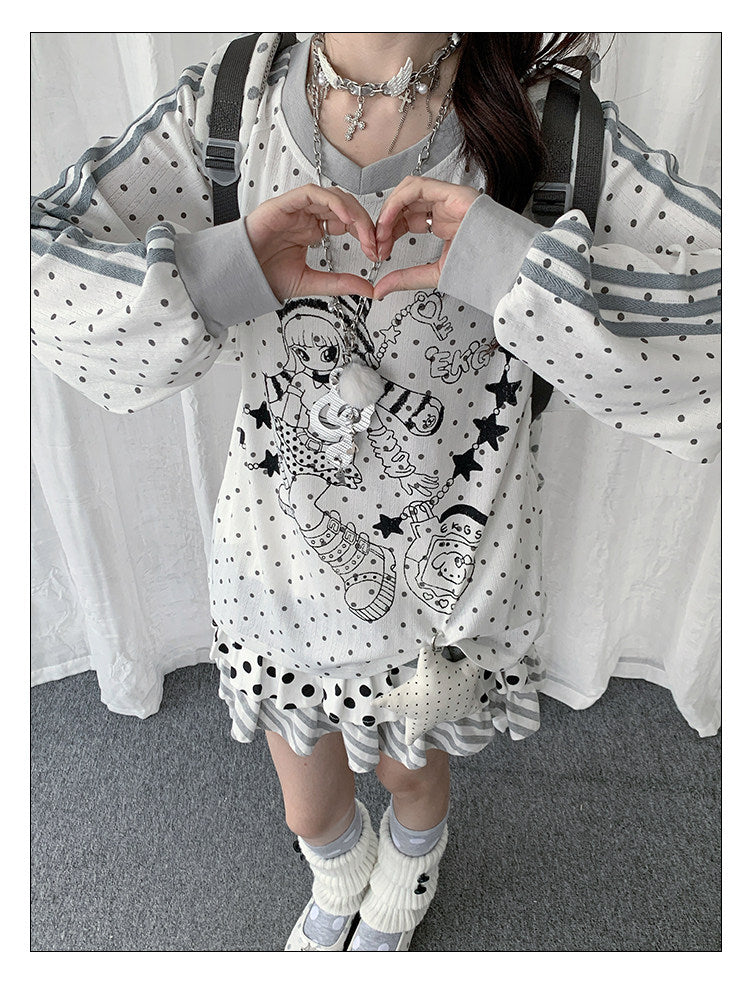 Polka Dot Star Girl V-Neck Long-Sleeve Tee