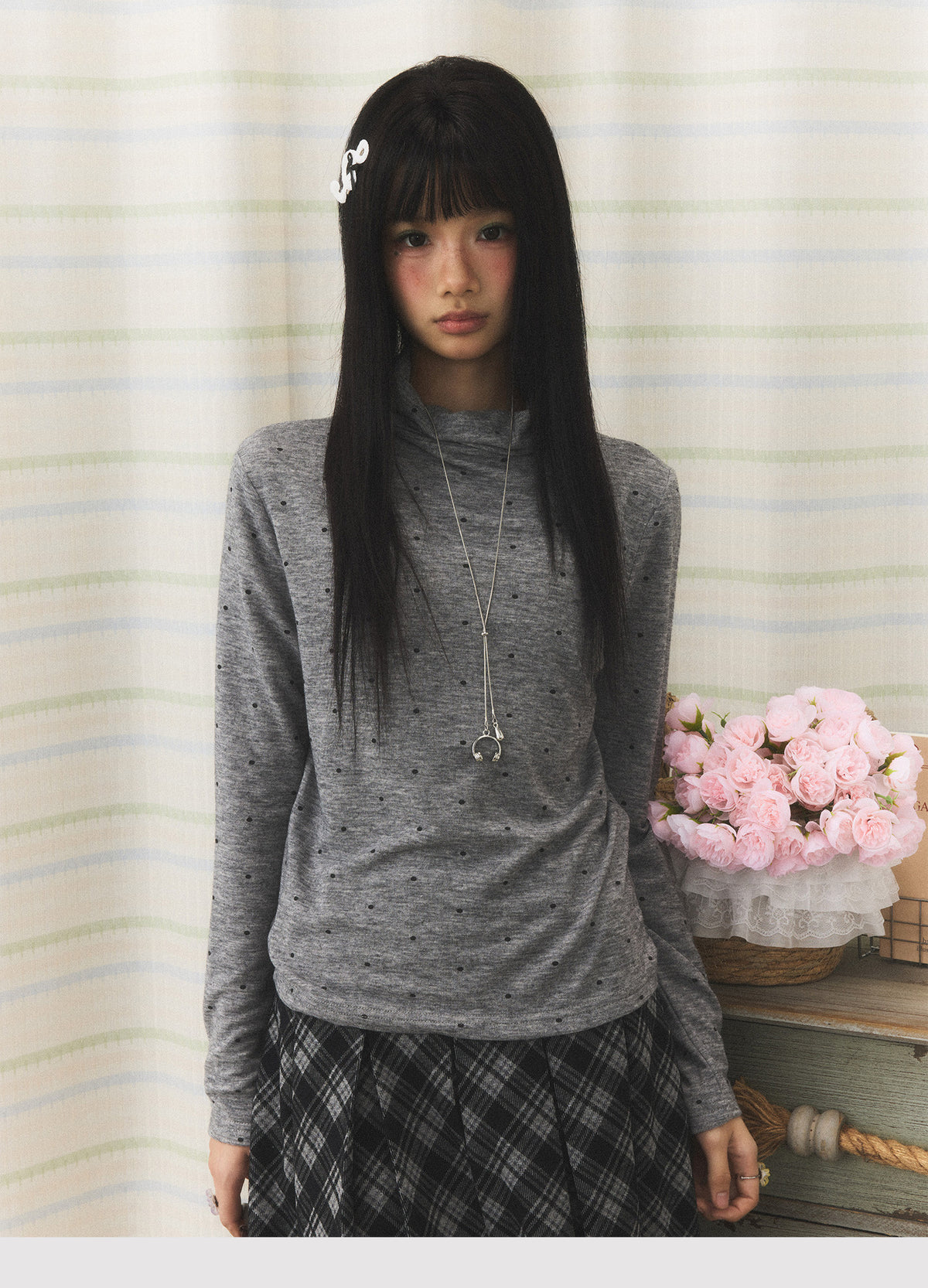 Polka Dot Mock-Neck Long Sleeve Top