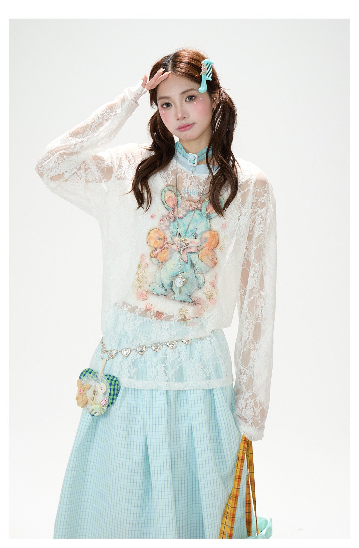 Bunny Sheer Lace Long Sleeve Top & Mint Plaid A-Line Skirt