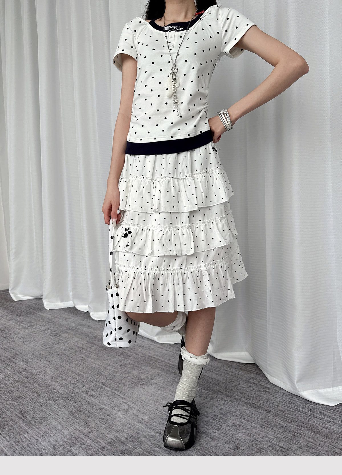 Paw Embroidered Polka Dot Tiered Midi Skirt