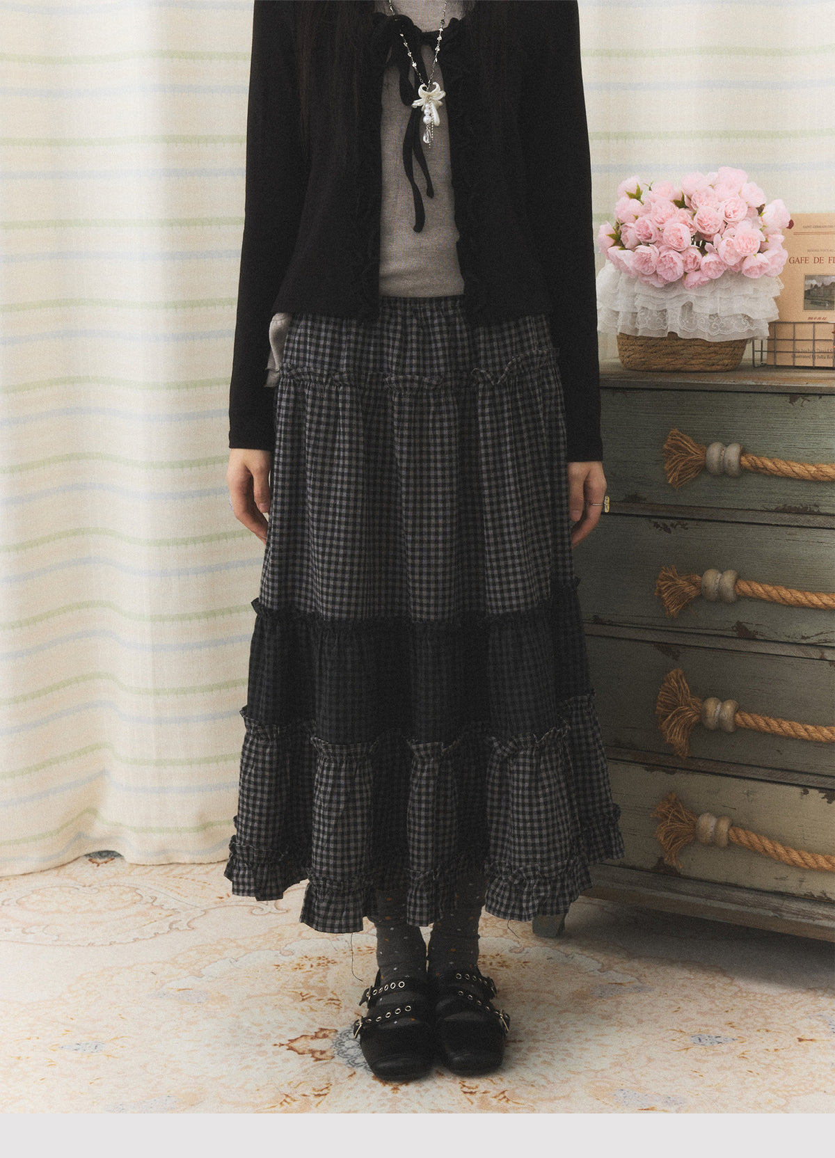 Mixed Plaid Tiered Ruffle Midi Skirt