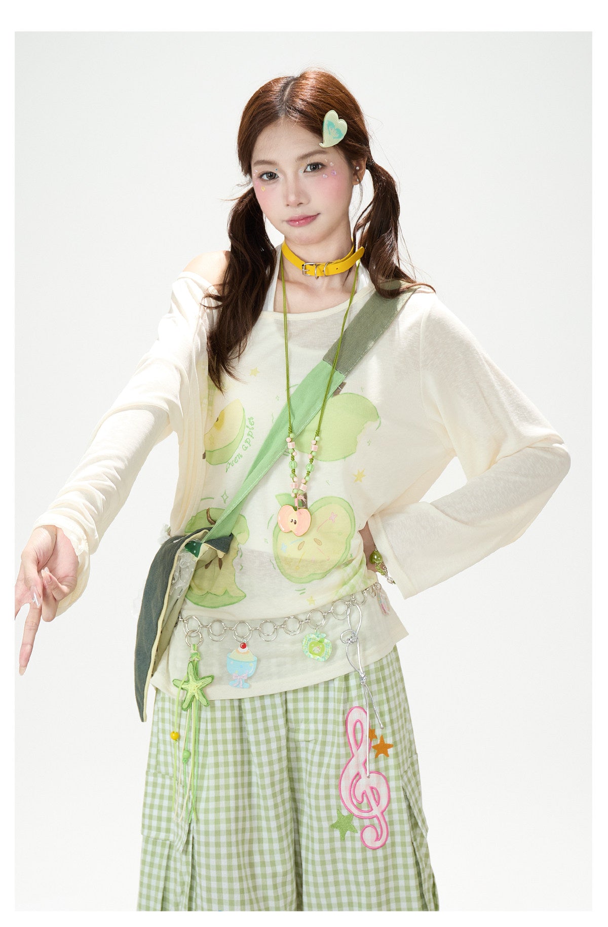 Green Apple Sheer Top & Plaid Doodle Pants