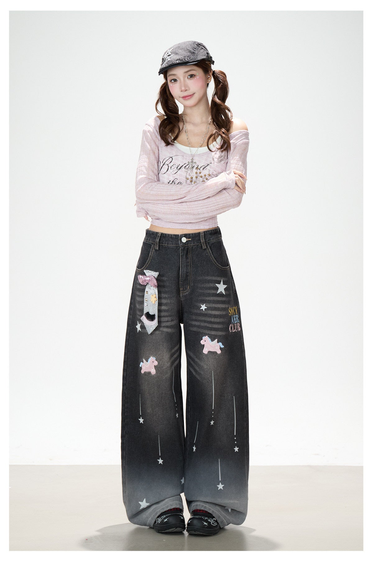 Dreamy Unicorn Star Washed Wide-Leg Jeans