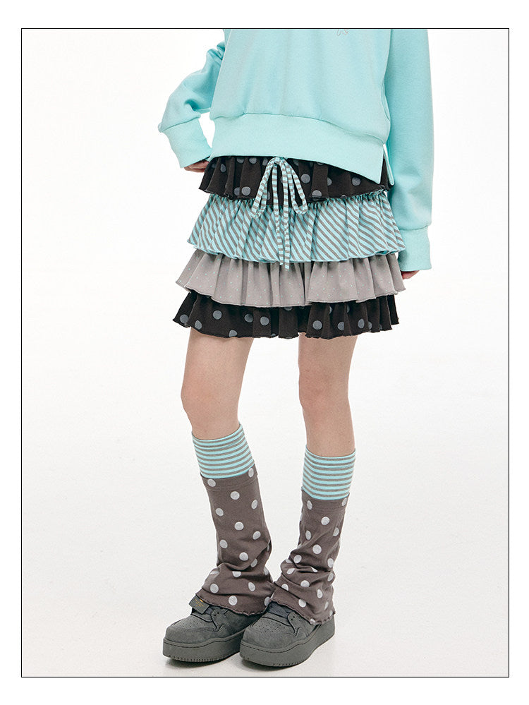 Gray Green Polka Dot & Stripe Tiered Mini Skirt