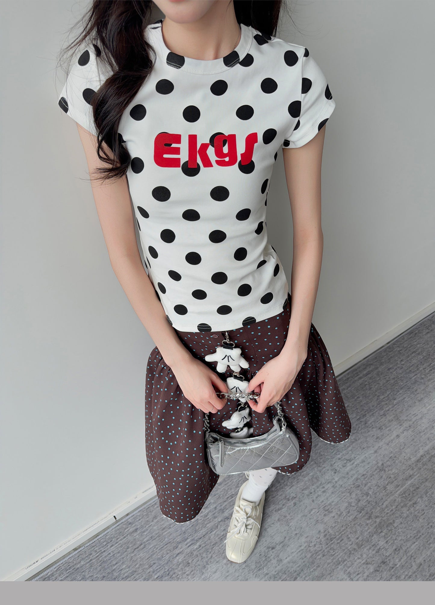 Polka Dot Button Tiered Midi Skirt