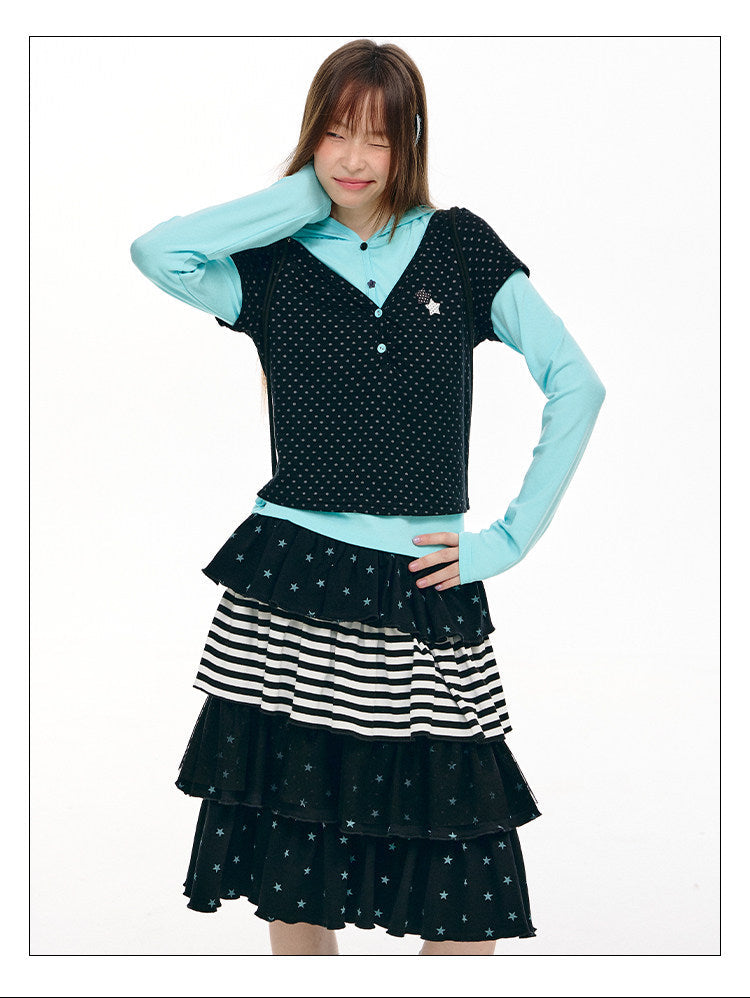 Polka Dot Faux-Layer Hooded Long Sleeve Top
