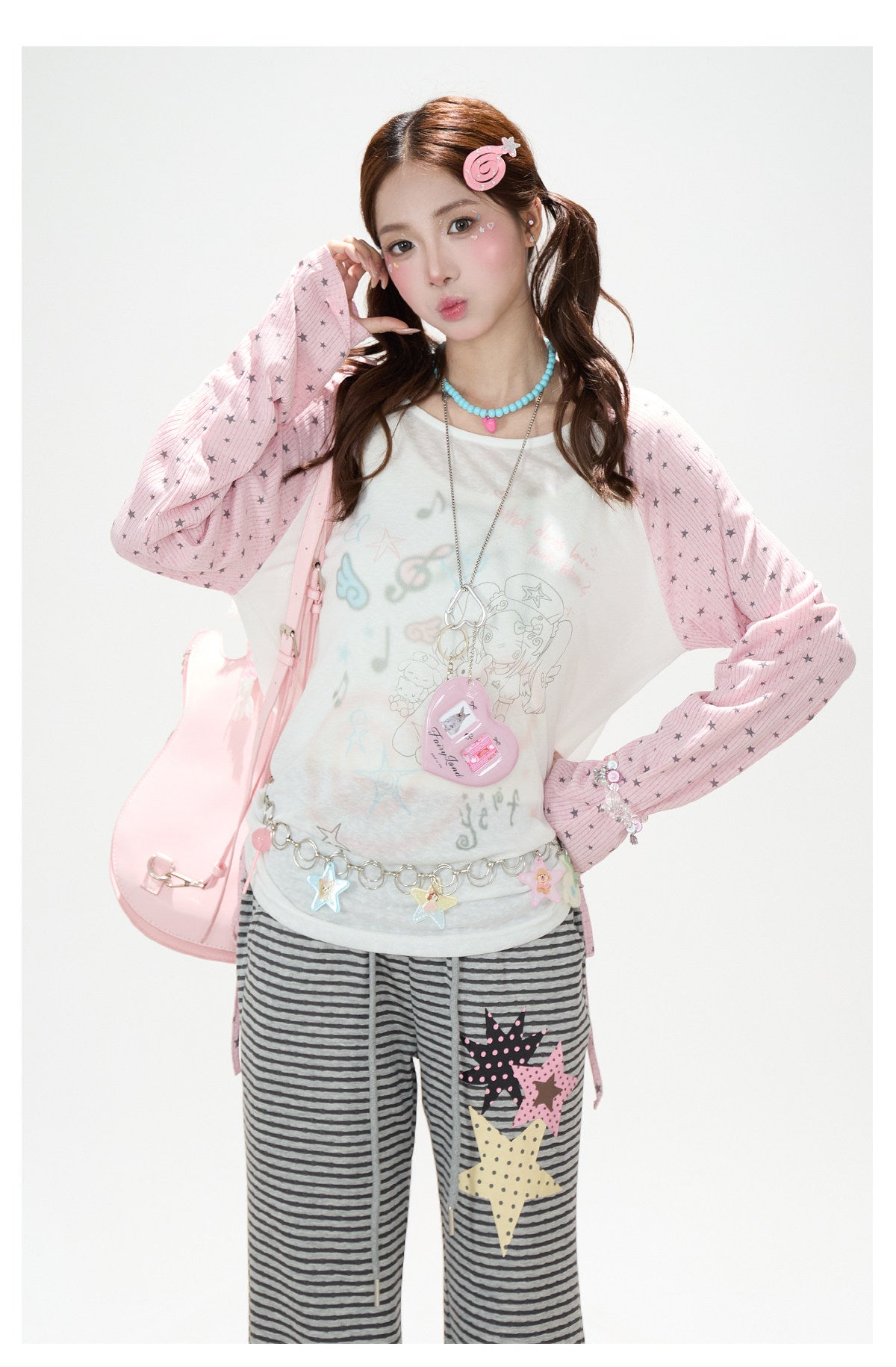 Dreamy Star Raglan Long Sleeve Top & Gray Striped Star Flare Pants