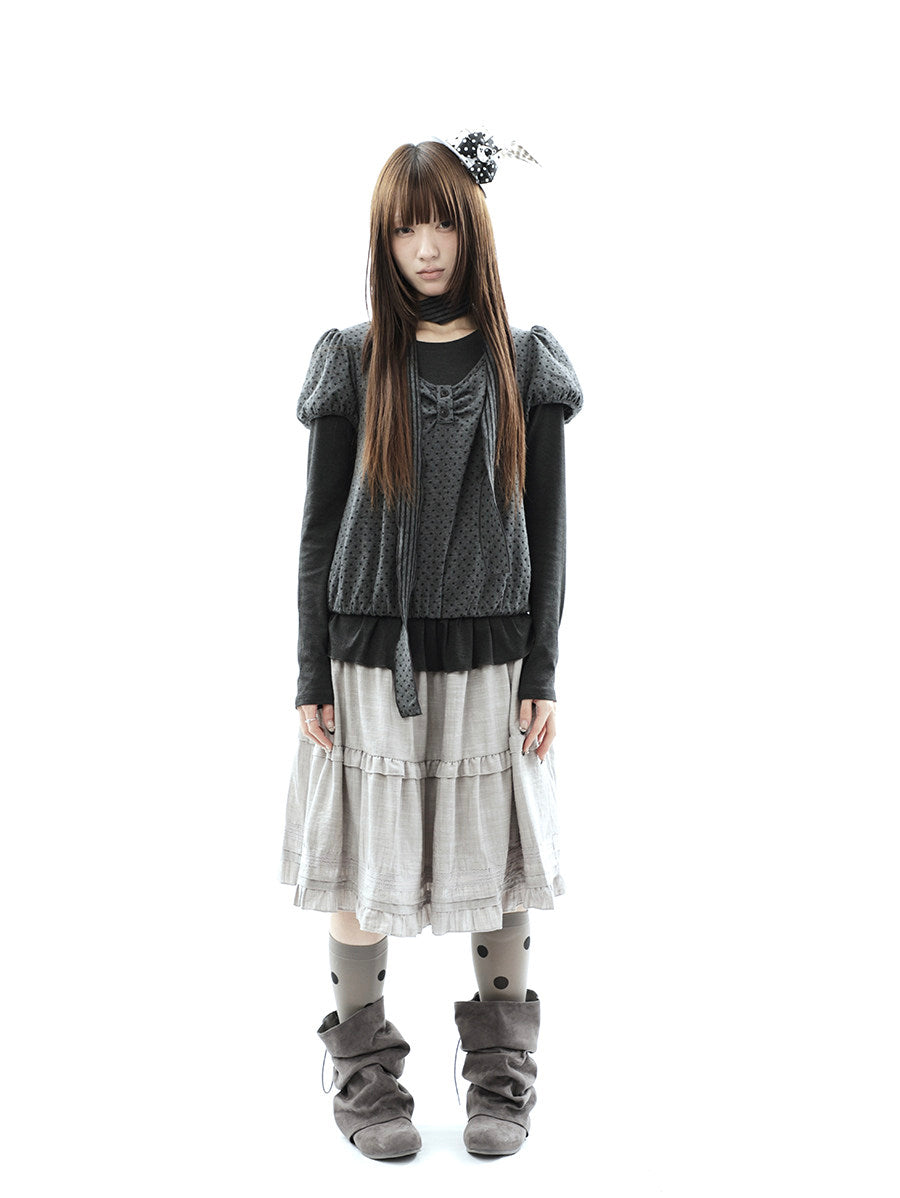 Polka Dot Layered Two-Piece Top Set with Scarf