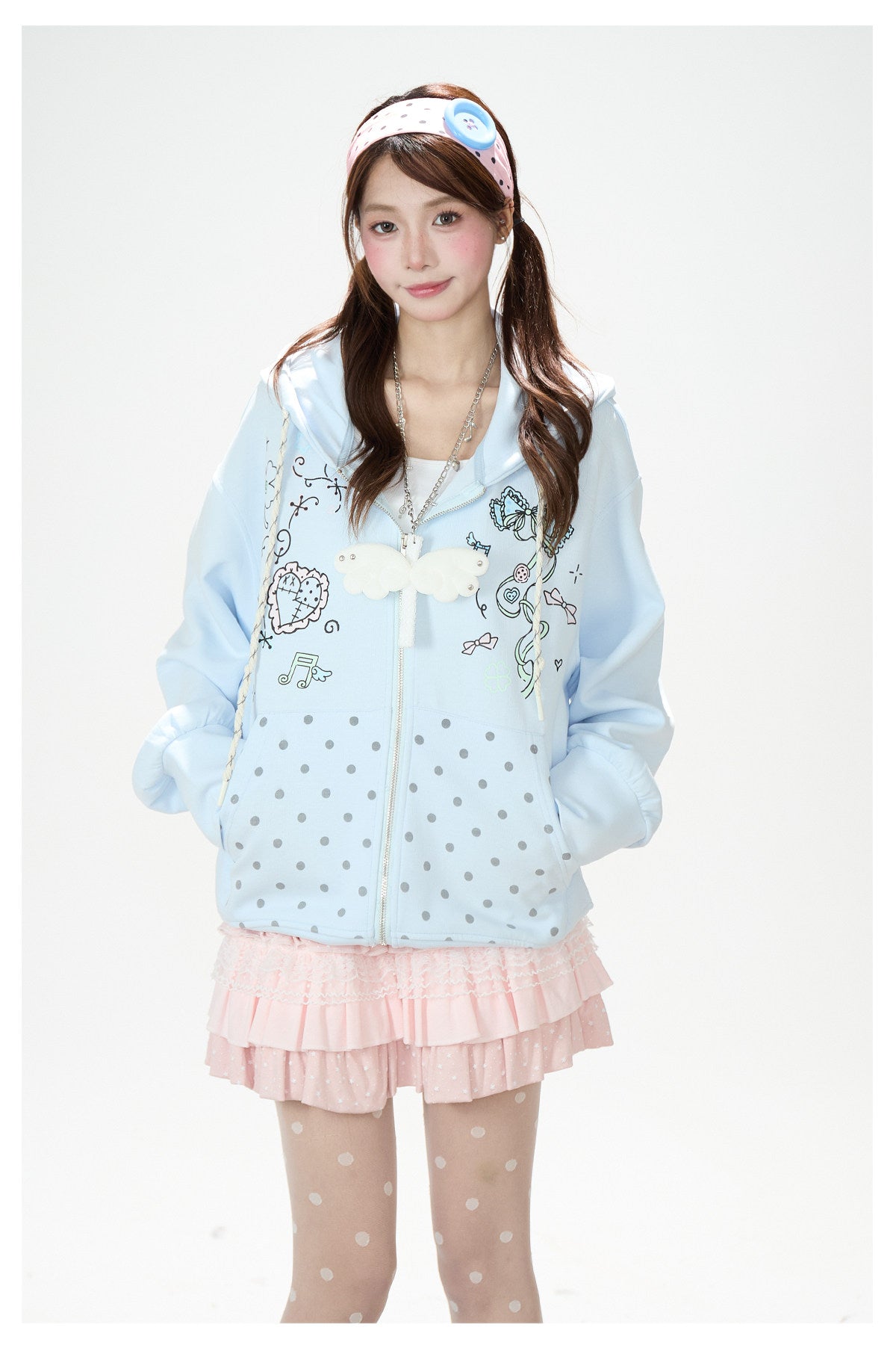 Hand-Drawn Polka-Dot Zip-Up Hoodie & Pink Ruffle Mini Skirt
