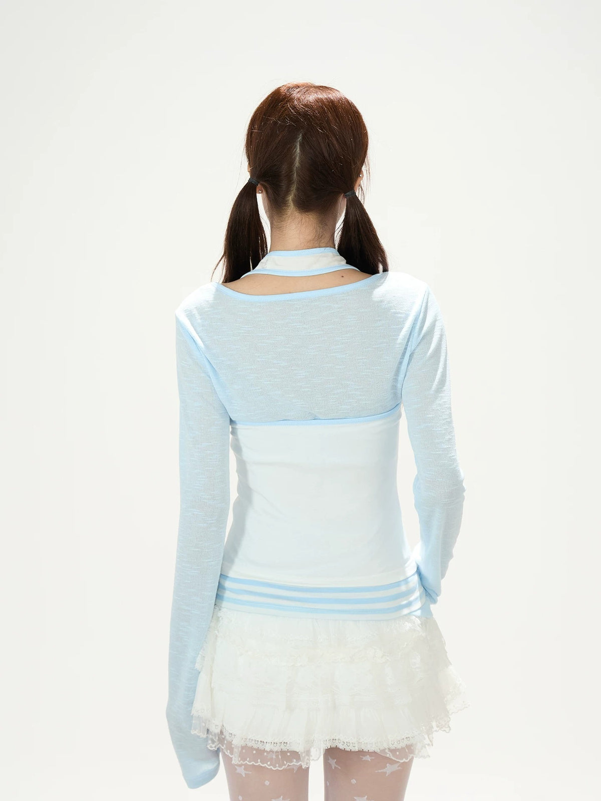 Sheer Blue Long Sleeve & Halter Cami Two-Piece Top Set