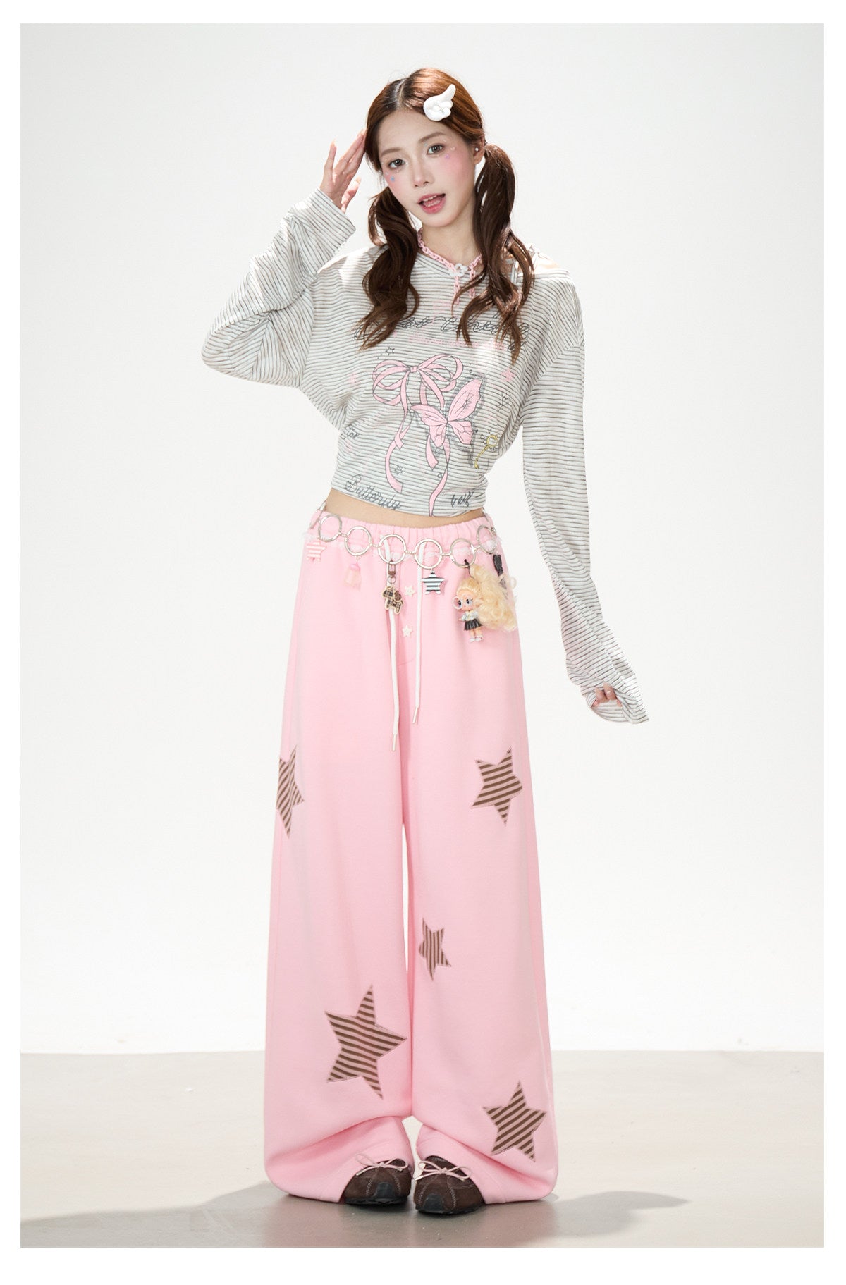 Bow Stripe Off-Shoulder Long Sleeve Top & Pink Wide-Leg Pants