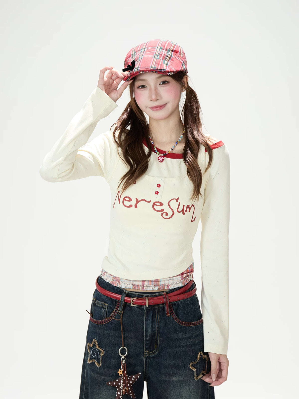 Letter Layered Long Sleeve Top & Coffee Wide-Leg Pants