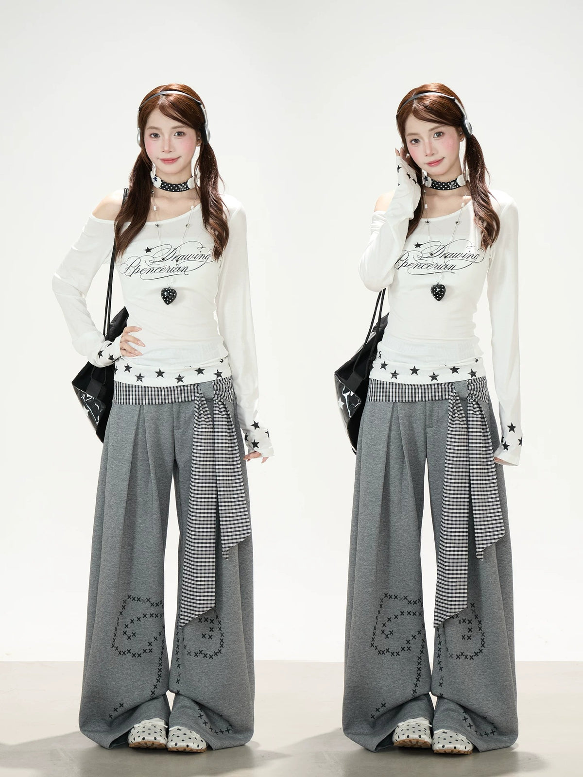 Plaid Tie-Panel Wide-Leg Sweatpants