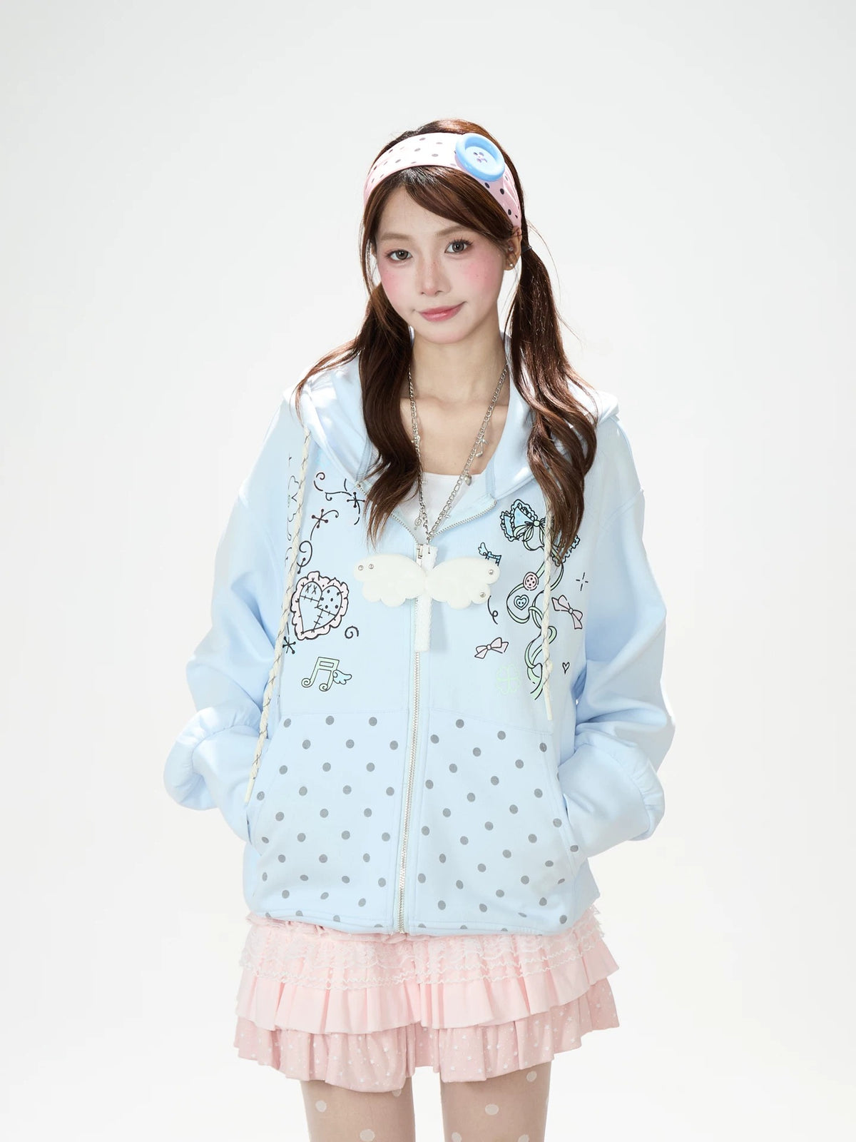 Bow Music Note Polka-Dot Zip-Up Hoodie & Blue Star Wide-Leg Pants