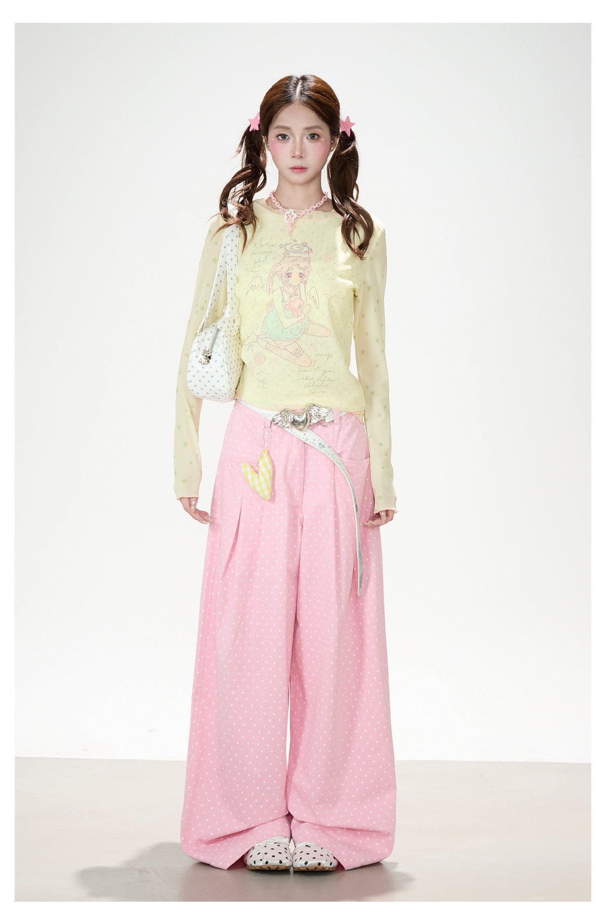 Anime Star Polka-Dot Mesh Long Sleeve Top & Bunny Graphic Wide-Leg Jeans
