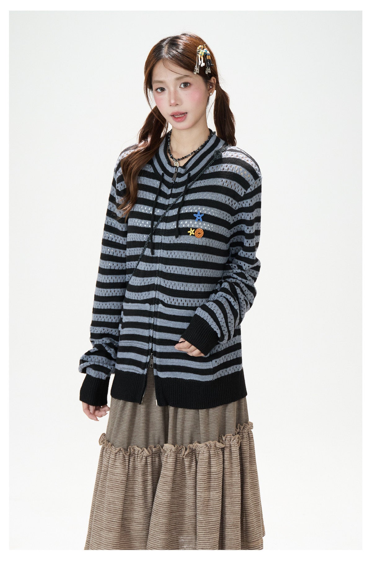 Striped Openwork Knit Cardigan & Black Polka-Dot Pleated Midi Skirt