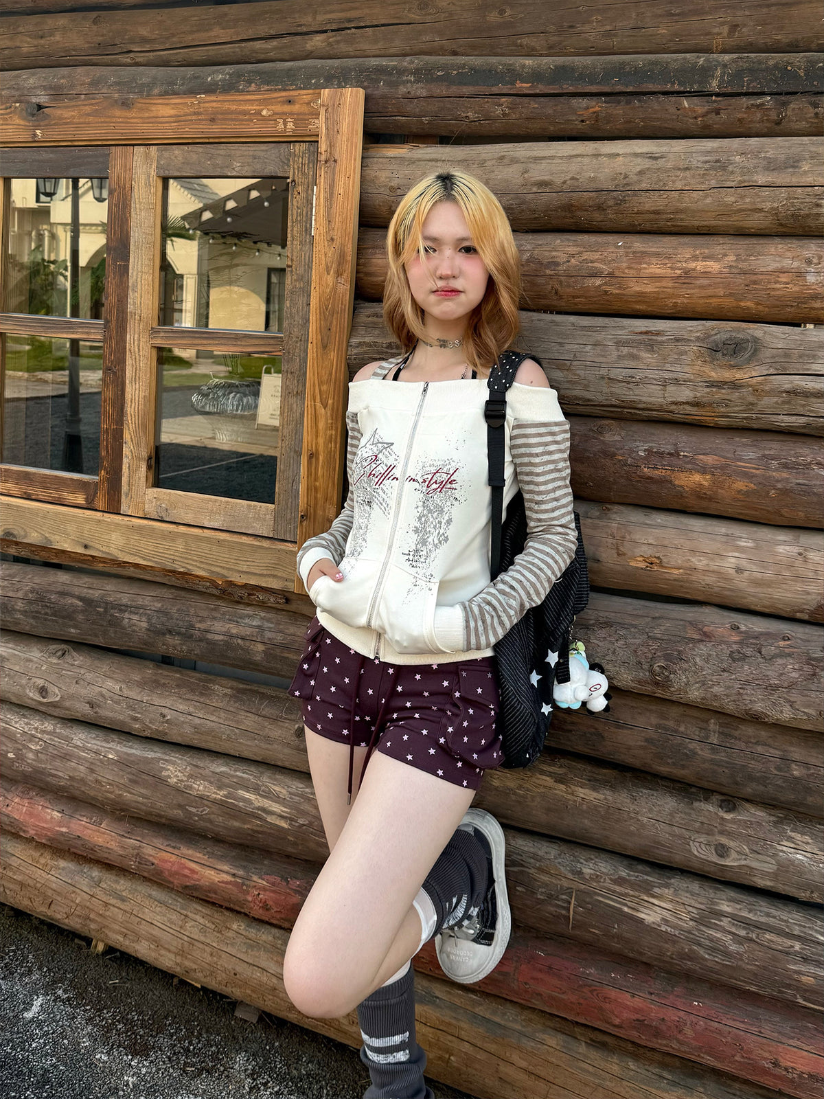 Ivory Off-Shoulder Stripe Zip-Up Long Sleeve Top