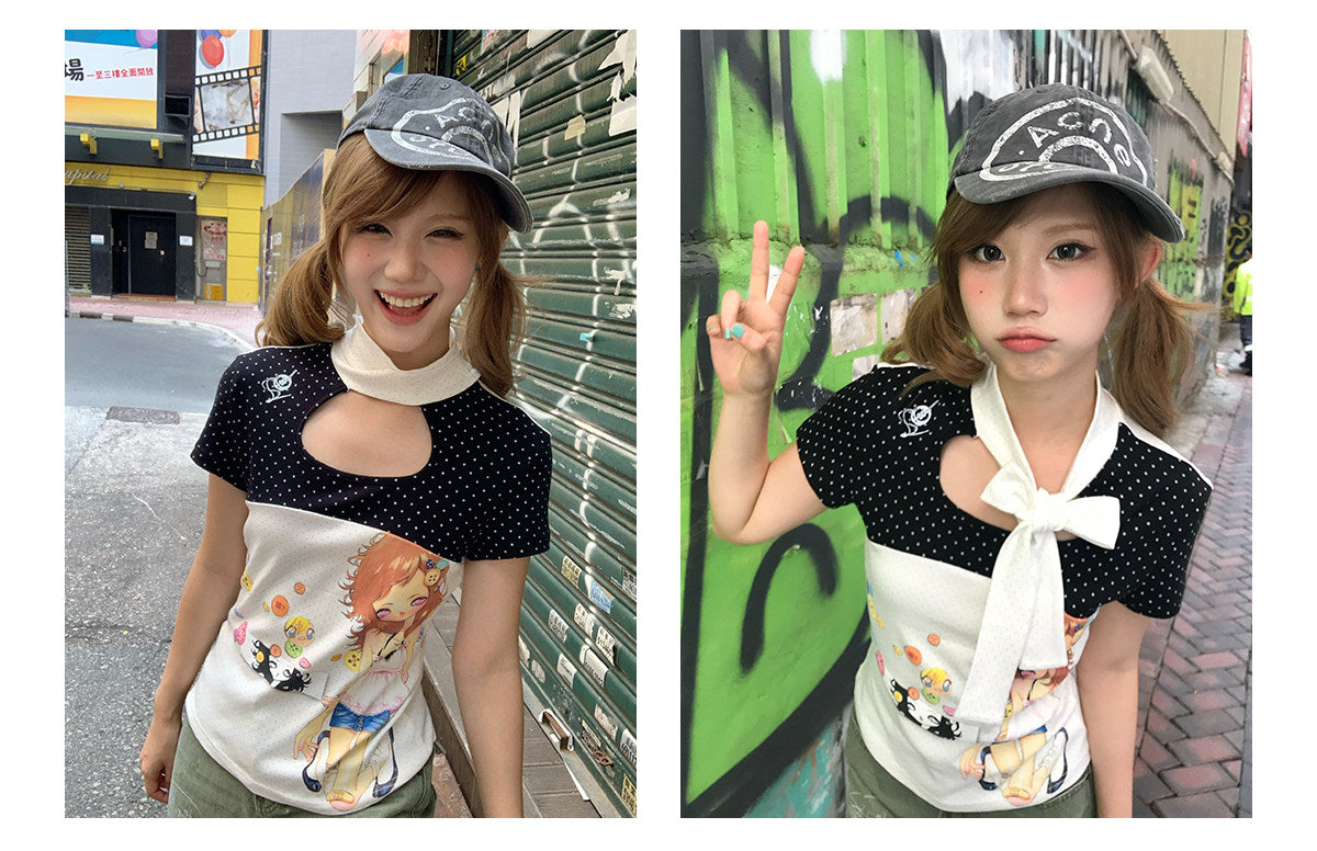 Polka Dot Bow-Tie Graphic Fitted Tee