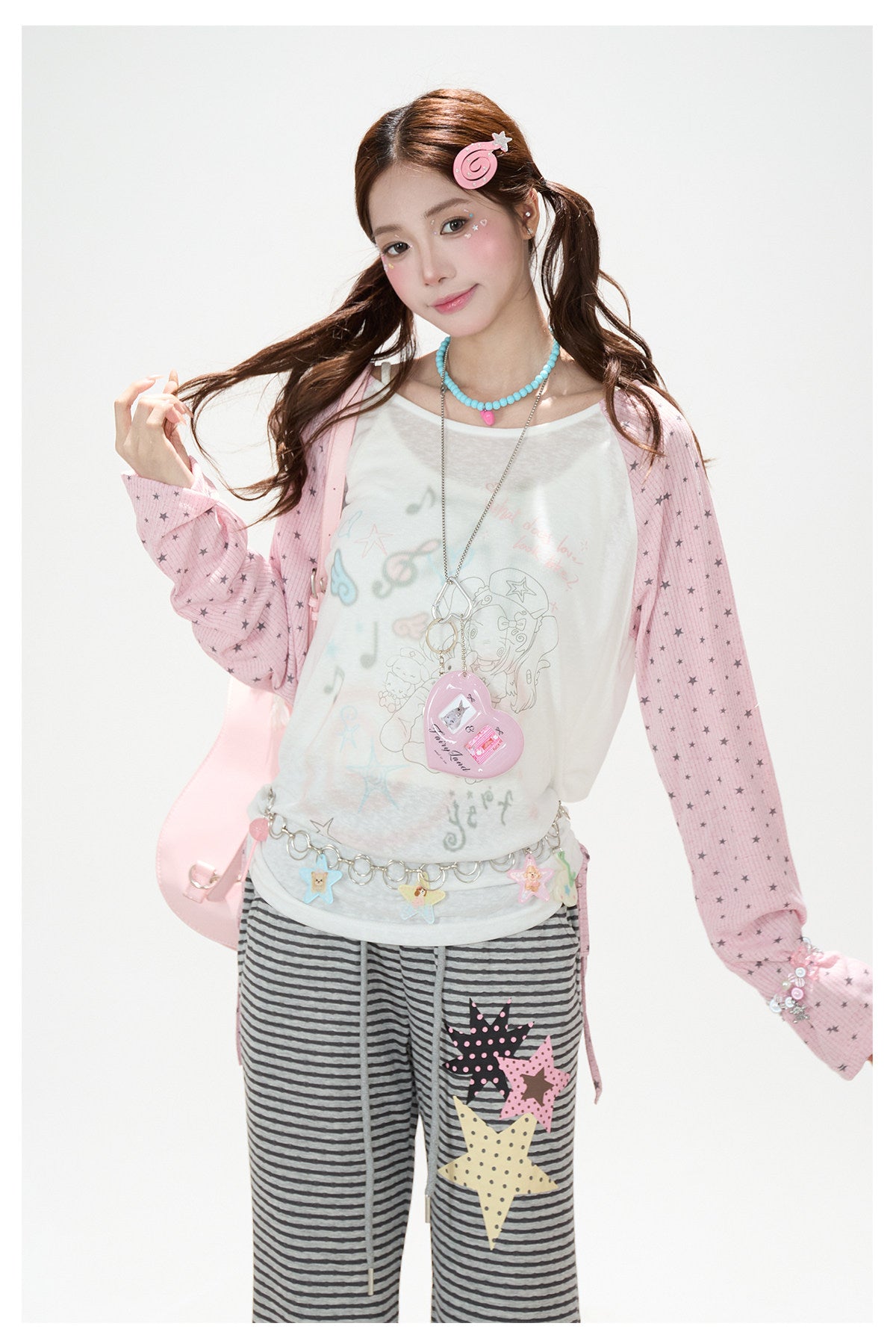 Dreamy Star Raglan Long Sleeve Top & Gray Striped Star Flare Pants
