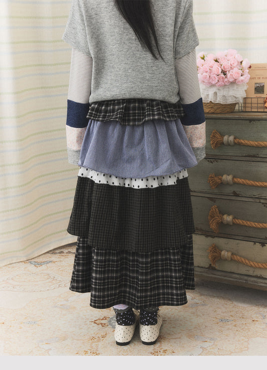 Mixed Plaid Tiered Patchwork Midi Skirt