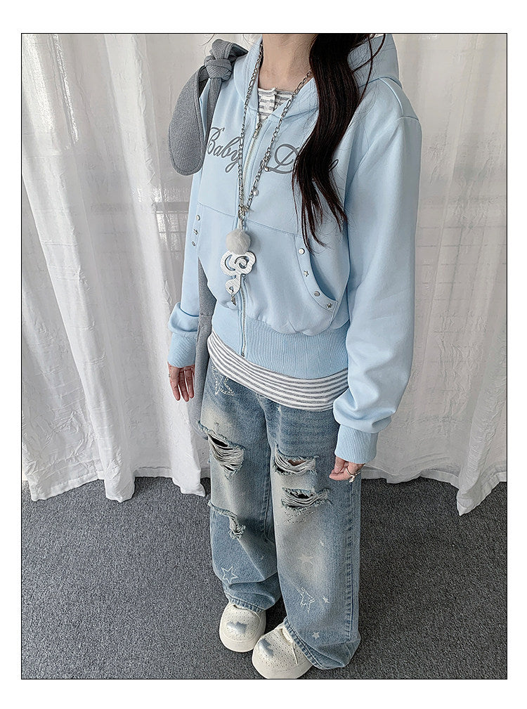 Baby Blue Studded Letter Cropped Zip Hoodie