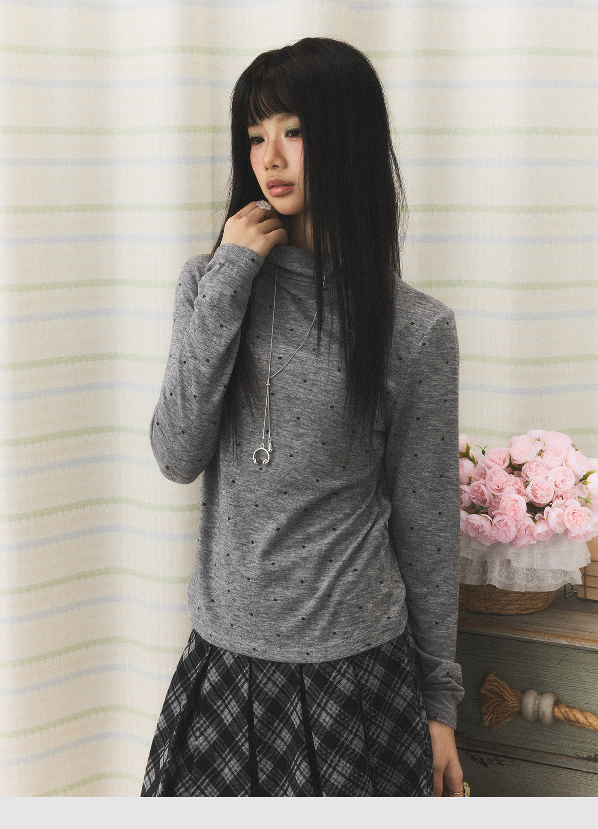 Polka Dot Mock-Neck Long Sleeve Top