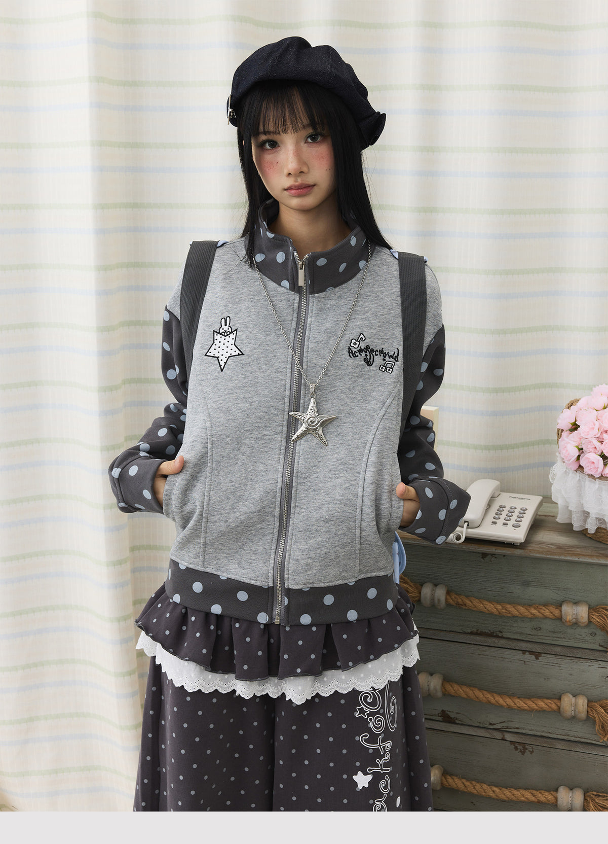 Polka Dot Contrast Embroidered Zip-Up Jacket