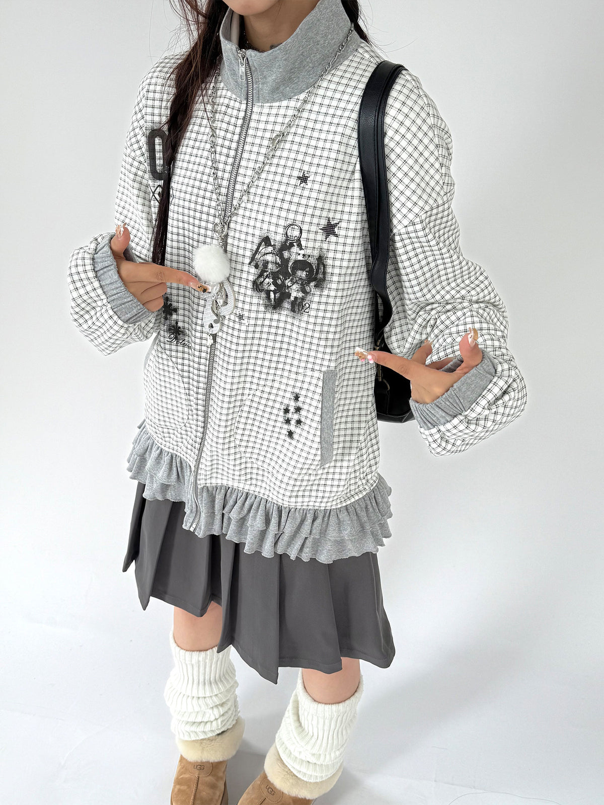 Sugar Check Graphic Ruffle-Hem Zip-Up Jacket