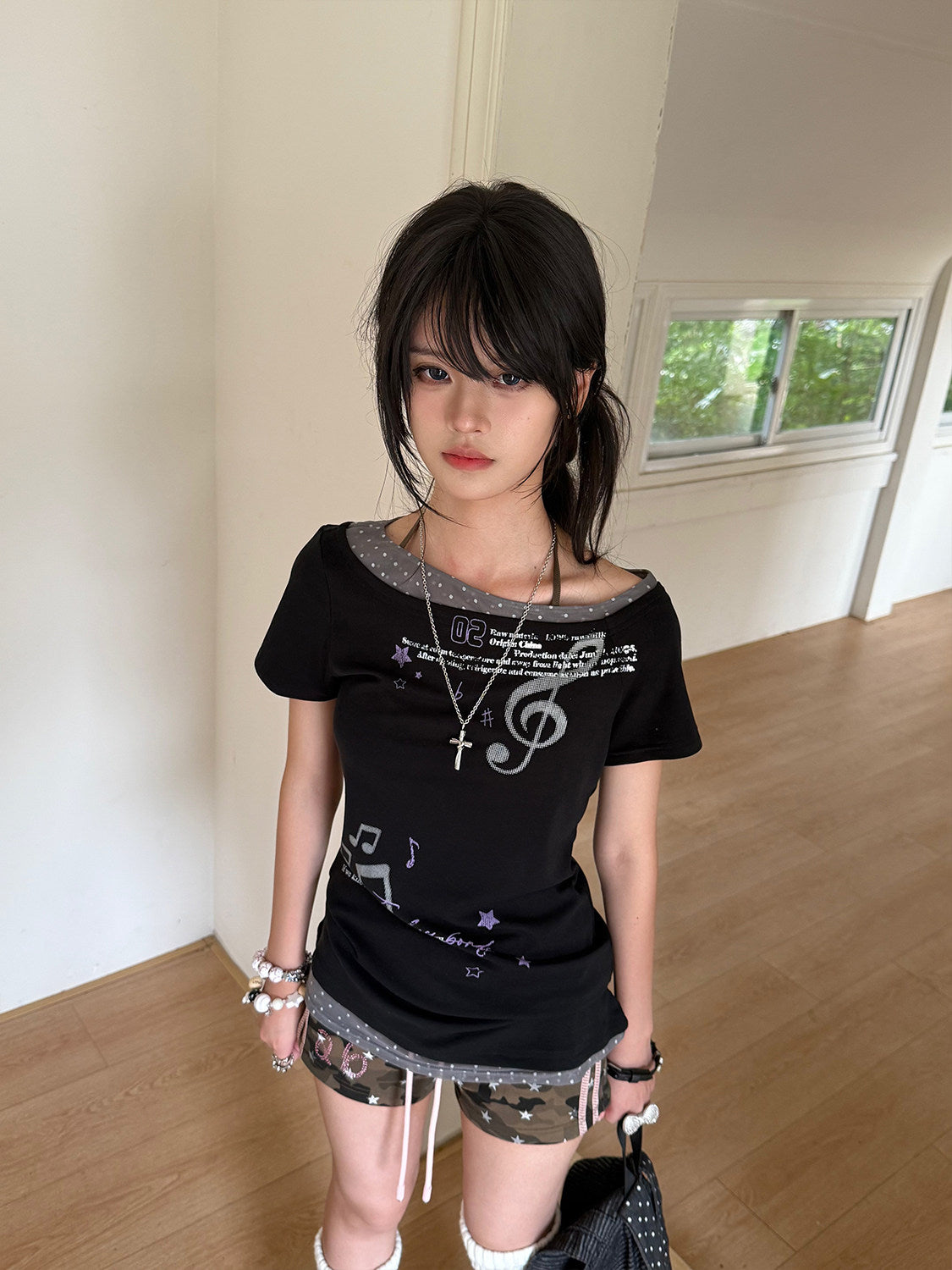 Asymmetric Music Note Faux-Layer Fitted Tee