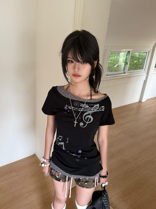 Asymmetric Music Note Faux-Layer Fitted Tee