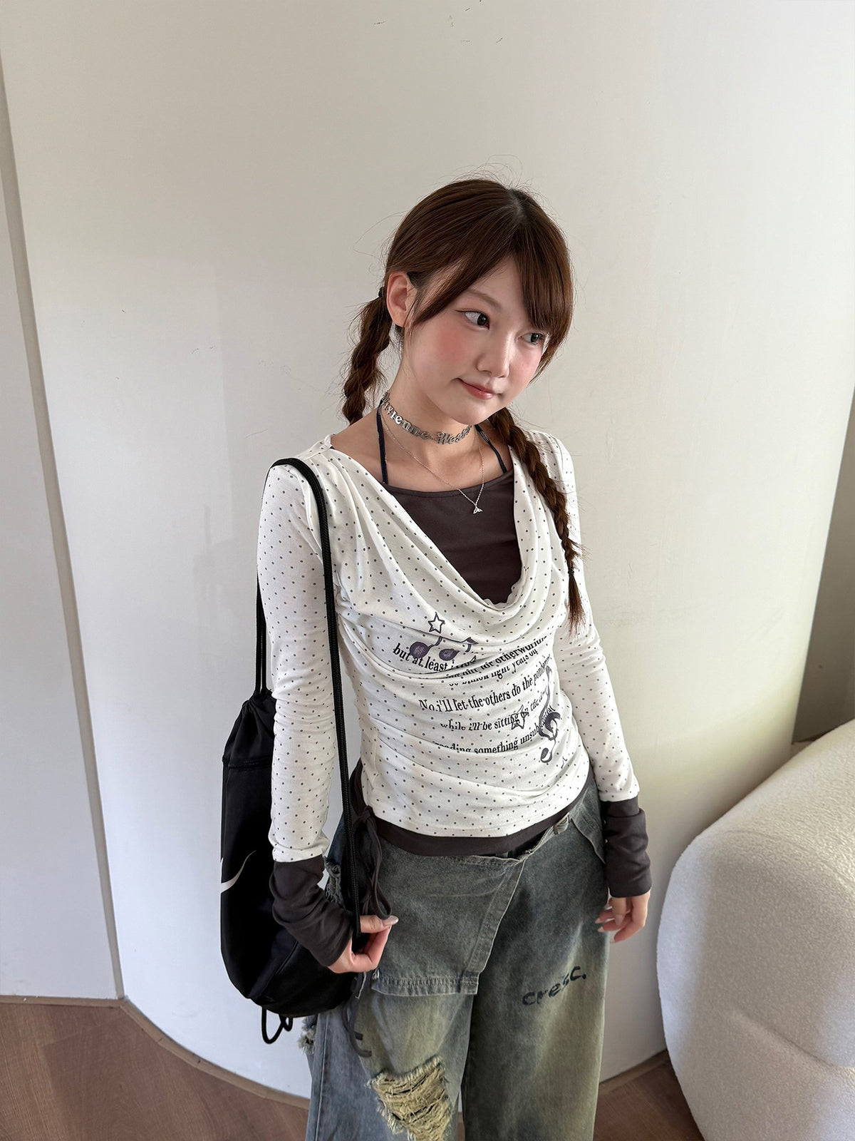Polka Dot Cowl Neck Faux-Layer Graphic Long Sleeve Top