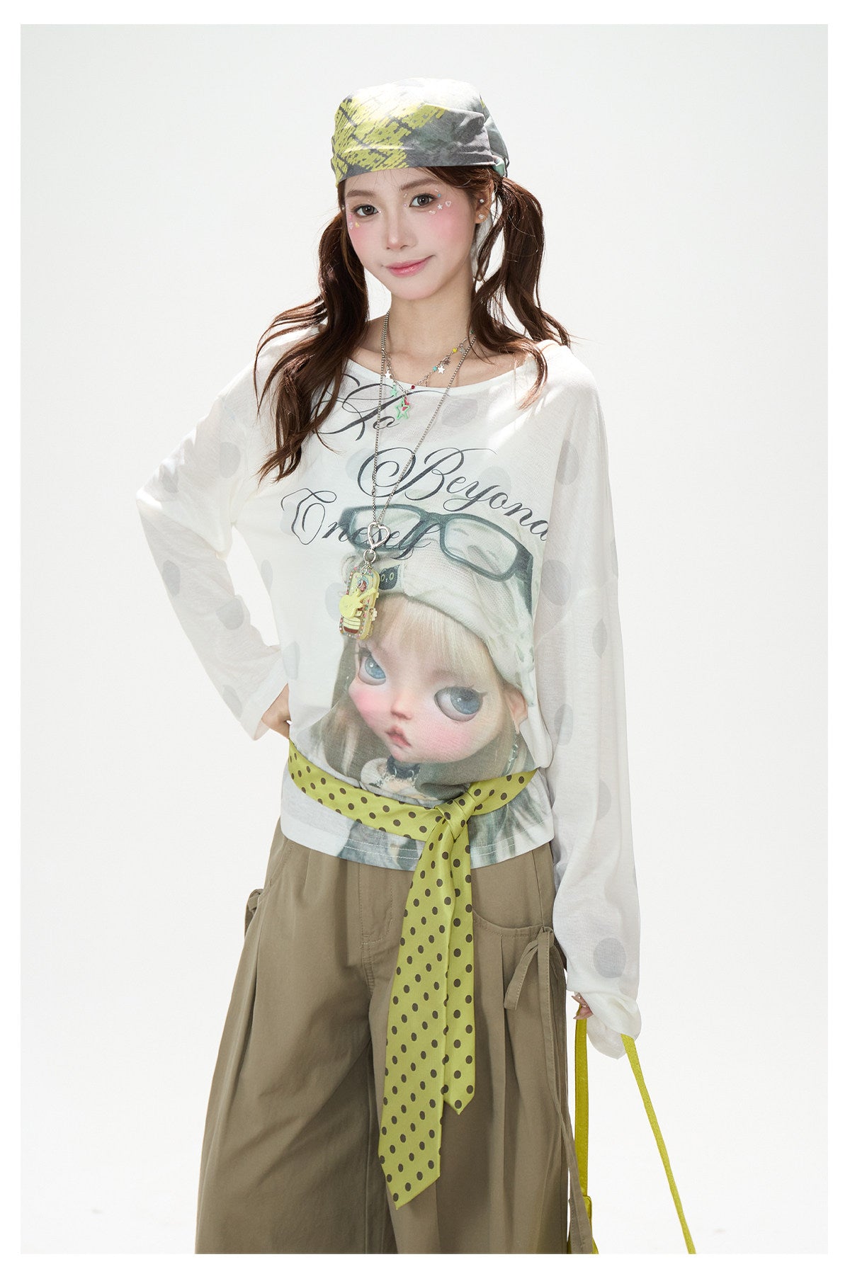 Dreamy Doll Print Oversized Long Sleeve Top