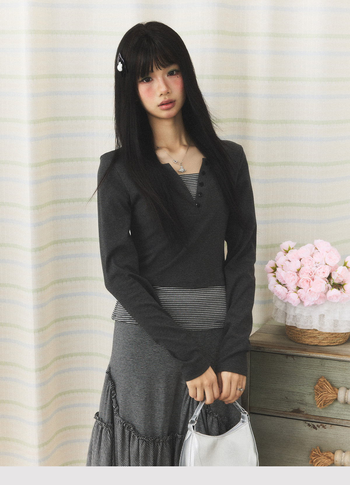 Striped Faux-Layer Halter Long Sleeve Top