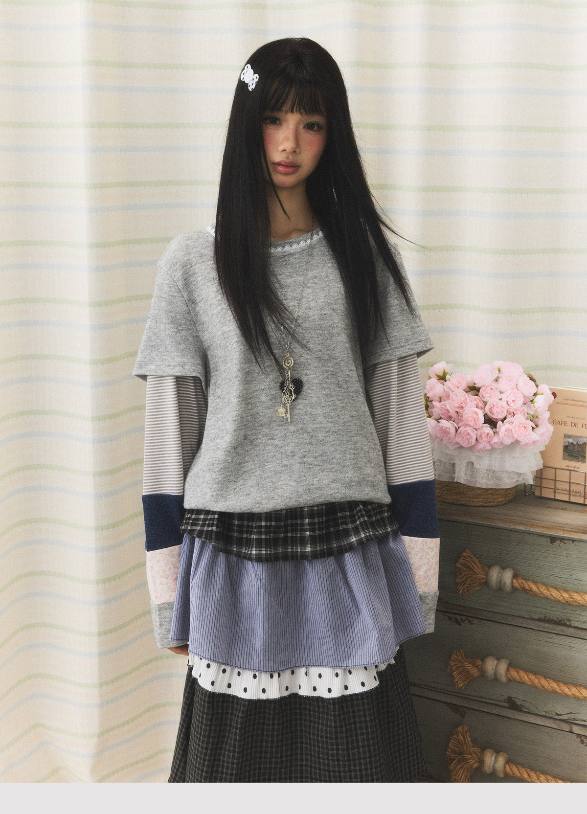 Lace-Trim Patchwork Faux-Layered Long Sleeve Top