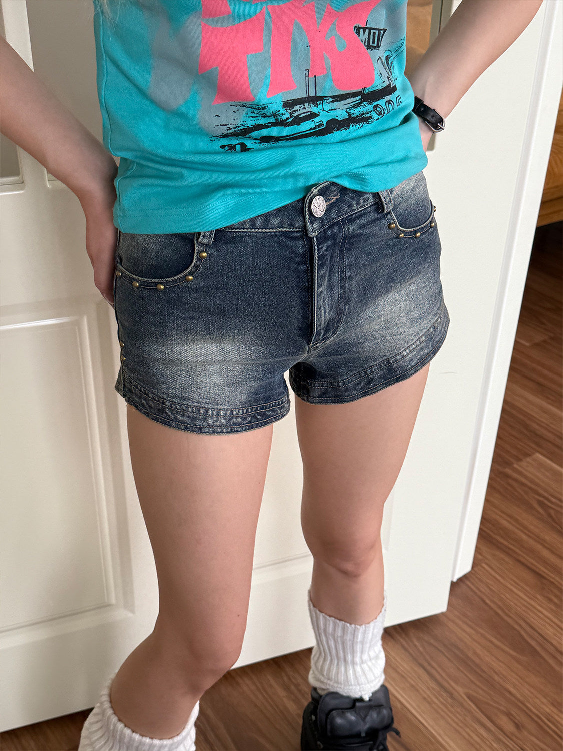 Vintage Washed Studded Denim Shorts