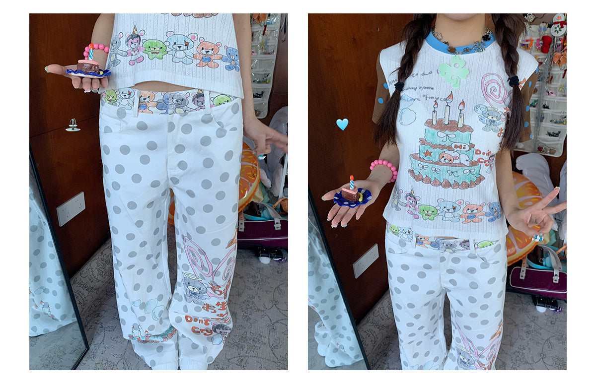 Happy Birthday Bear Gray Polka Dot Wide-Leg Pants