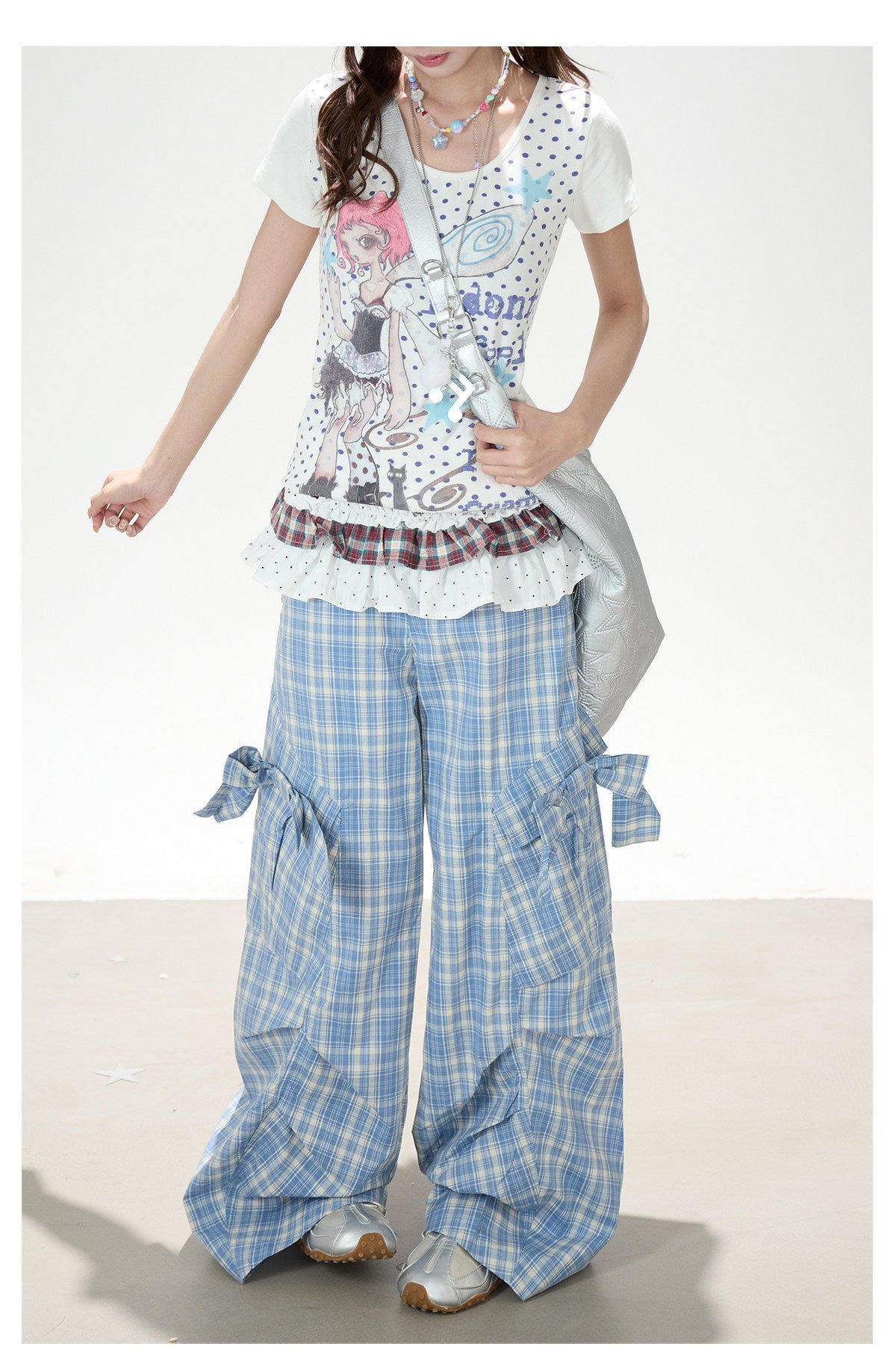 Bow Plaid Cargo Wide Leg Pants