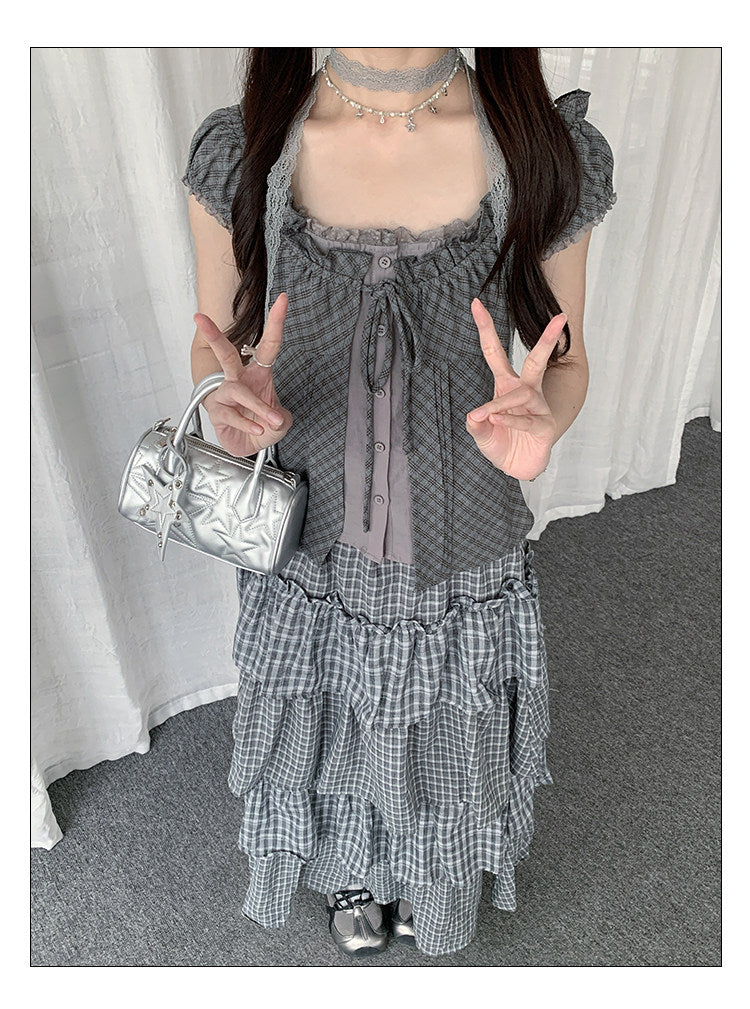 Gray Plaid Tie-Front Layered Puff-Sleeve Top