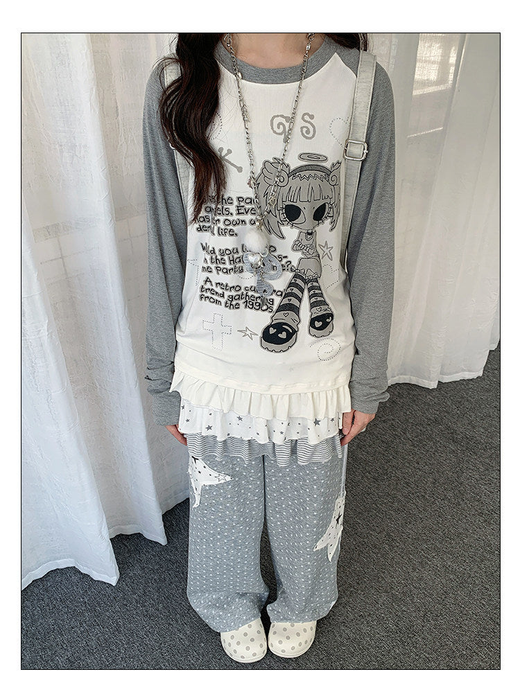 Angel Girl Graphic Raglan Ruffle Long Sleeve Top