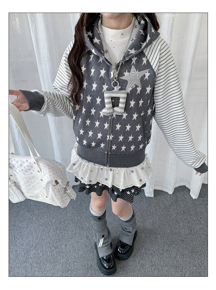 Star & Stripe Patchwork Zip-Up Hoodie