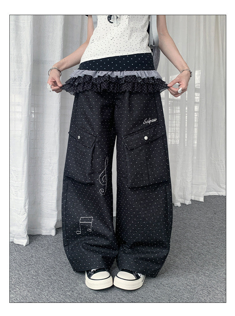 Polka Dot Music Note Embroidered Cargo Pants