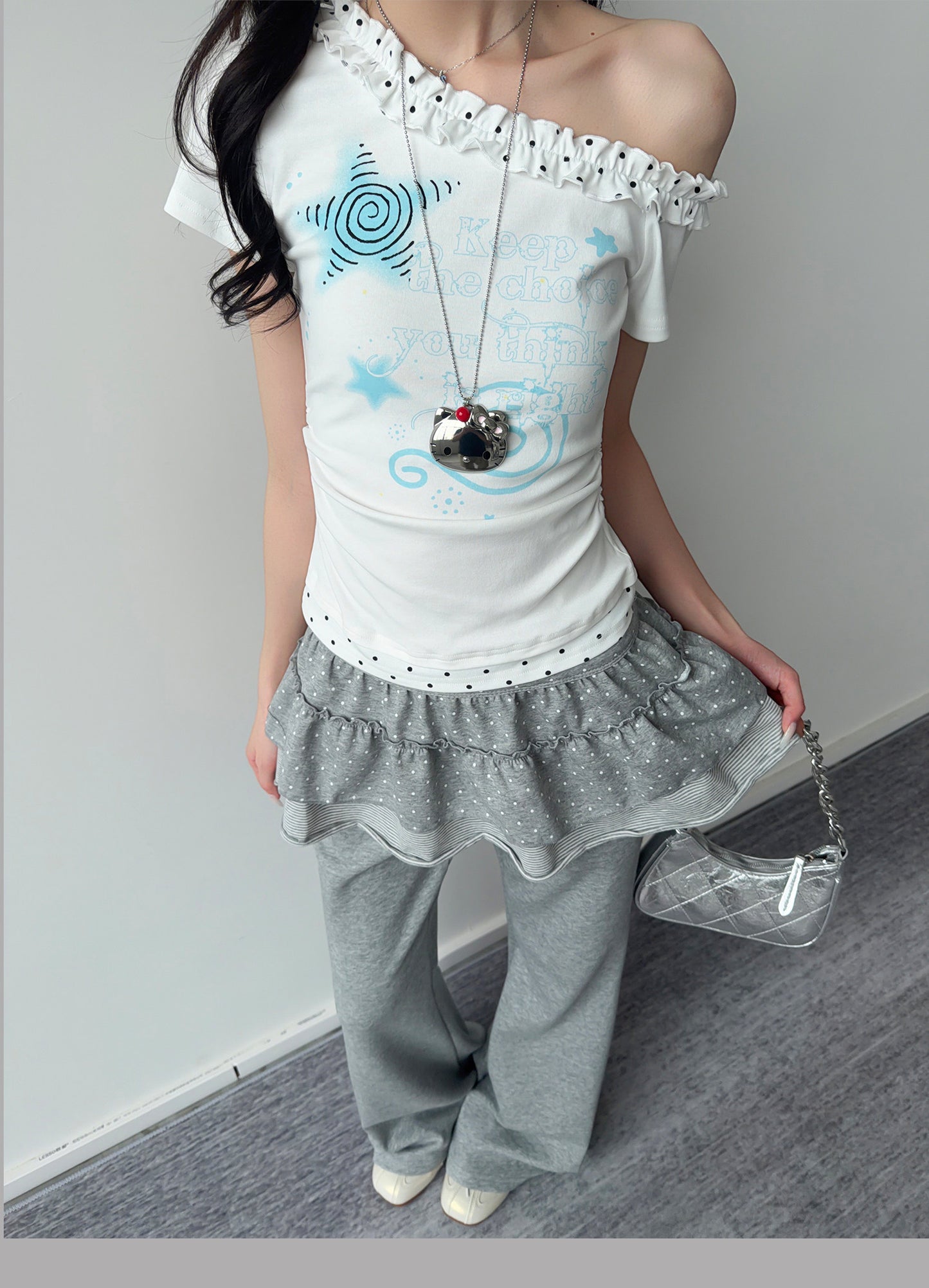 Blue Star Polka Dot Ruffle One-Shoulder Tee