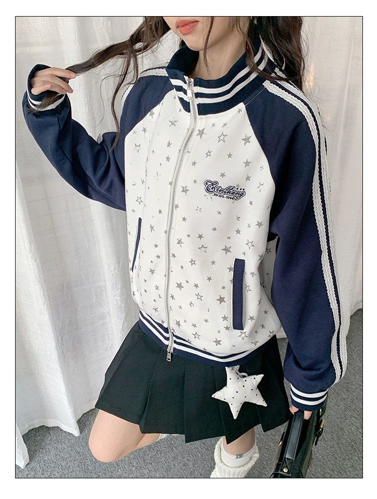 Star Print Contrast Zip-Up Track Jacket