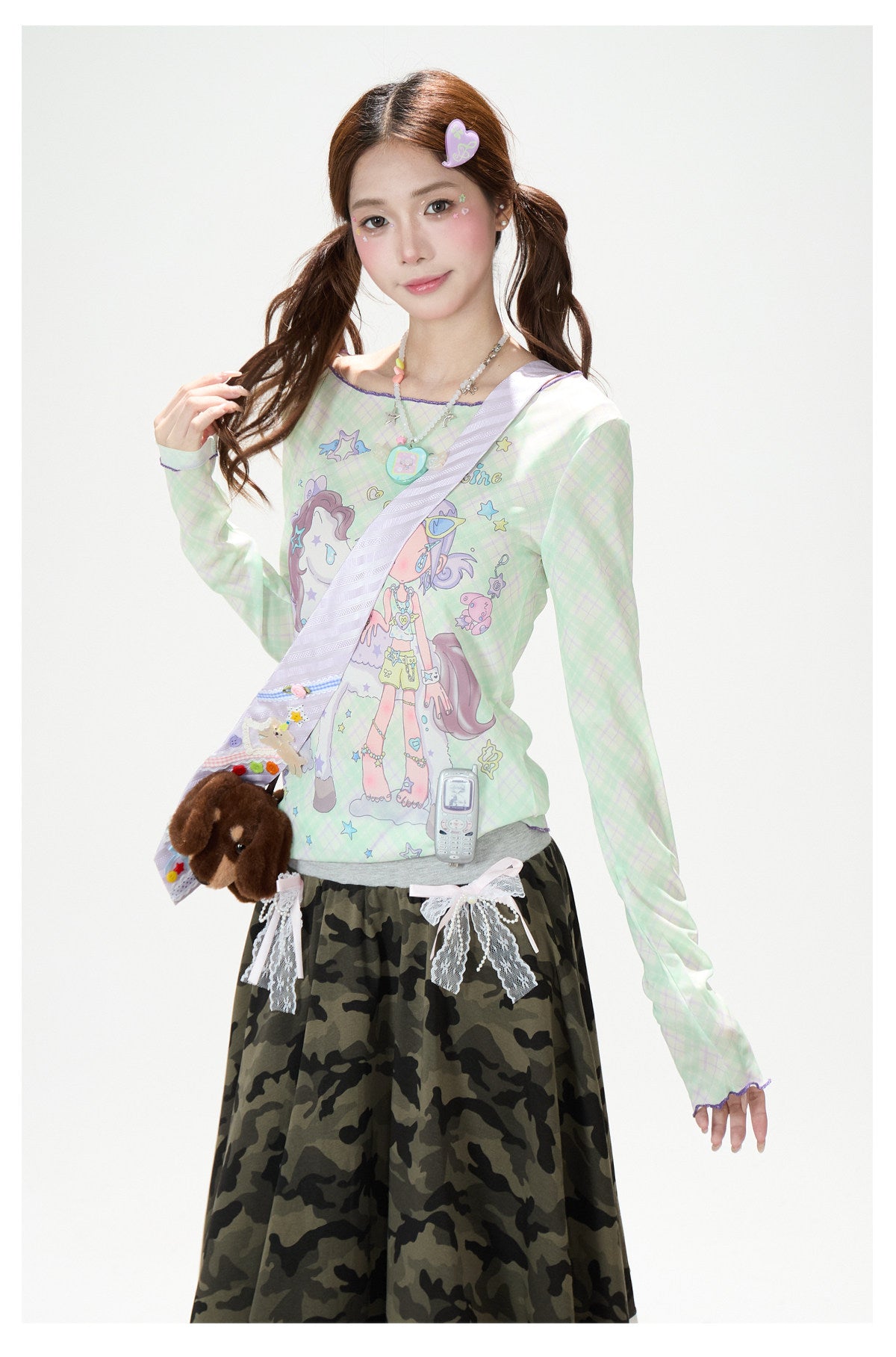 Pastel Anime Plaid Long Sleeve Top & Camo Lace-Trim Midi Skirt