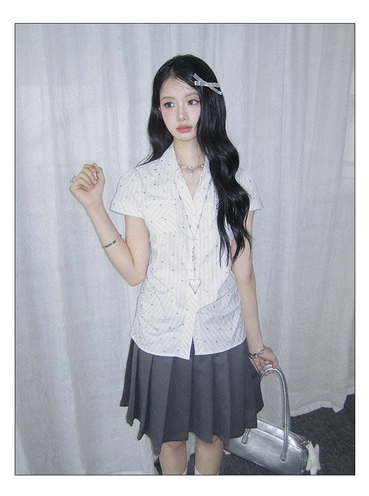 Gray Pinstripe Dot Short Sleeve Shirt
